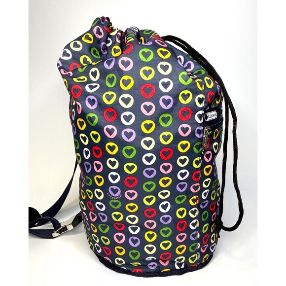 LeSportSac Sling Bucket Crossbody Bag Drawstring Top Reversible Hearts Navy EUC - Picture 4 of 16